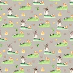Watercolor farm village seamless pattern with cute little farm animals and elements - 414335694