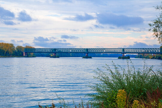 Panoramic Of Rhine River And Rhine Bridge In Mainz City, Germany. 