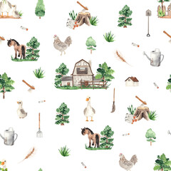Watercolor farm village seamless pattern with cute little farm animals and elements