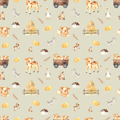 Watercolor farm village seamless pattern with cute little farm animals and elements - 414335885