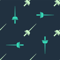 Green and beige Fencing icon isolated seamless pattern on blue background. Sport equipment. Vector.