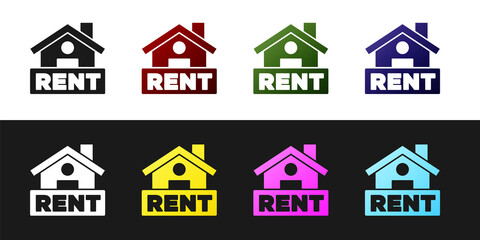 Fototapeta premium Set Hanging sign with text Rent icon isolated on black and white background. Signboard with text For Rent. Vector.