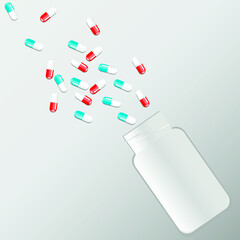 vector bottle with pills. flat image of medicines in medicine container. oval and round medical tablets.