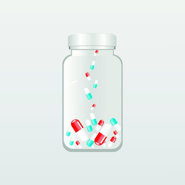 vector bottle with pills. flat image of medicines in medicine container. oval and round medical tablets.