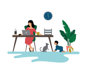 Career Woman / Mother with Child Working Remotely from Home
