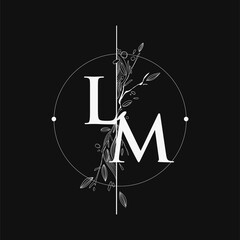 Letter LM Initial Logo with Hand Draw Floral, Initial Wedding Font Logo with Circle and Flowers.