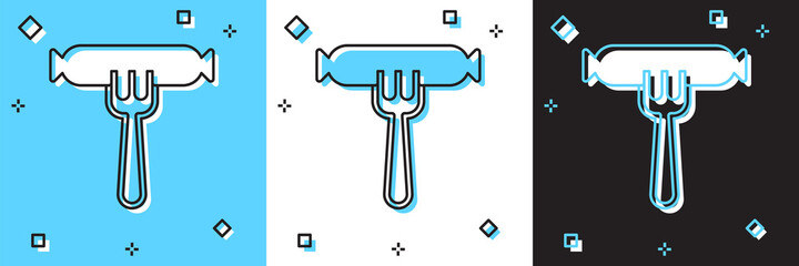 Set Sausage on the fork icon isolated on blue and white, black background. Grilled sausage and aroma sign. Vector.