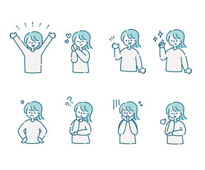 女性の色々な感情表現とポーズのセット（上半身）