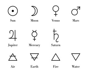 Simple alchemy symbols set. Isolated alchemy icons and glyphs of planets also known as Seven Planetary Metals and four elements. Mystic symbols of ancient astrology and astronomy, geometric flat style © dbayan