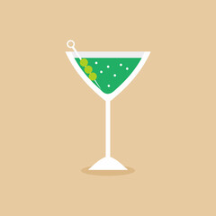 Glass for vermouth icon in flat style. Wineglass on pastel color background. A martini glass of alcohol cocktail. Elegant drink in green martini. Vector design elements for you business project