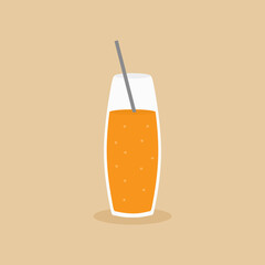 Flat illustration of glass of natural fresh orange juice flat cartoon icon style. Illustration of drinks, fruit juice, orange fresh, healthy lifestyle. Symbol of healthy breakfast