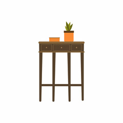 Flat illustration of home interior. Cozy place of the room with table and a plant in a pot. Living room furniture concept. Wooden vintage corner table. Flat cartoon vector illustration