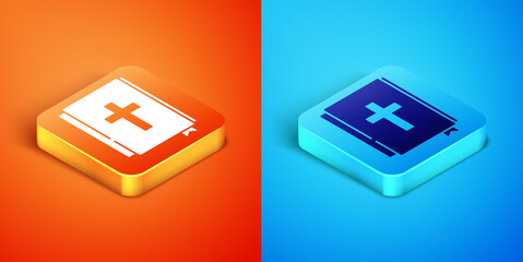 Isometric Holy bible book icon isolated on orange and blue background. Vector.