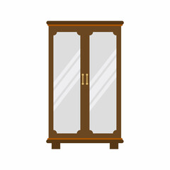 Vintage wooden wardrobe with mirror and gold handle isolated on white background. Classic furniture for bedroom decoration in cartoon flat style. Room interior design element. Vector illustration
