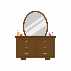 Vintage woman dressing table with oval mirror, shelves and cosmetics. Classic bedroom furniture decoration concept. Flat cartoon design. Vector illustration isolated on white background