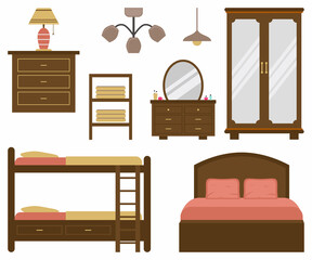 Set of vector modern flat design interior icons and elements. Furniture design for bedroom. Bed, lamps, cabinet, dressing table, wooden wardrobe, table. Vector illustration on a white background