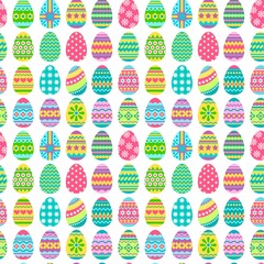 Seamless pattern with Easter eggs colorful icon isolated on white background. Traditional symbol of Easter. Vector flat illustration. Design for textile, wrapping, wallpaper, backdrop