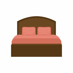 Double wooden bed in flat design for bedroom, hotel room. Cartoon furniture and equipment icon set isolated on white background. A place to sleep and relax. Apartment interior stuff.