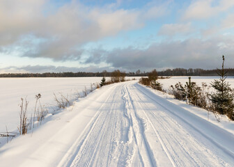 Fototapeta na wymiar winter landscape, snow-covered land, trees and fields, beautiful winter road, winter time