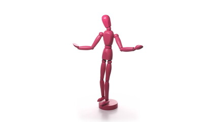 pink violet wooden man toy in incomprehensible position is spinning on white background. concept of unrecognizable person on turntable rotate isolated.