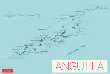 Anguilla detailed editable map with regions cities and towns, roads and railways, geographic sites. Vector EPS-10 file - obrazy, fototapety, plakaty