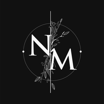 Letter NM Initial Logo with Hand Draw Floral, Initial Wedding Font Logo with Circle and Flowers.