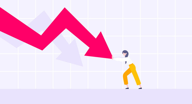Recession loss and business bankruptcy concept. Young adult woman pushed red crisis arrow downturn vector illustration. Economy crisis, investment global market risk and stock market crash metaphor.