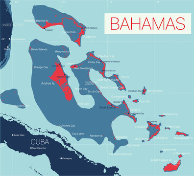 Bahamas detailed editable map with regions cities and towns, roads and railways, geographic sites. Vector EPS-10 file