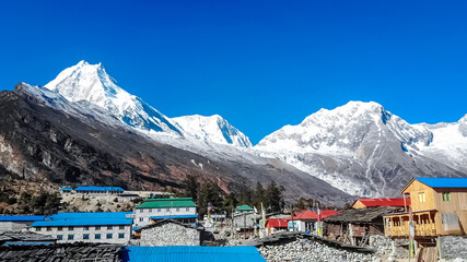 Stunning Mount Manaslu Himalayan Range seen from Samagaun Village in Gorkha, Nepal.