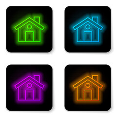 Glowing neon line House icon isolated on white background. Home symbol. Black square button. Vector.