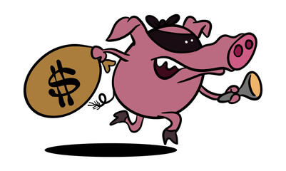 A cartoon illustration of a pig burglar stealing money.