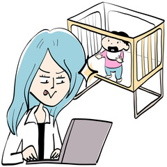 ベビーサークルにいる赤ちゃんと仕事する女性