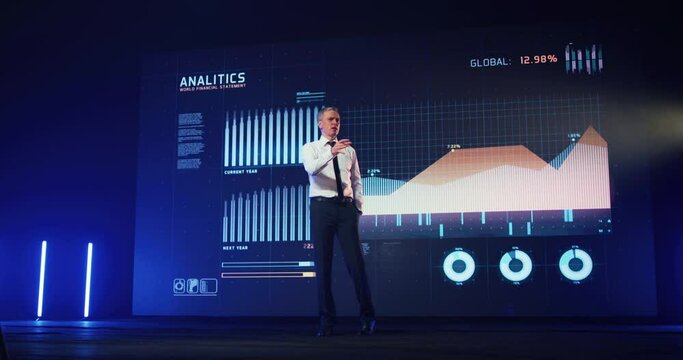 Confident man explaining business analytics process