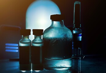 Trial vaccine coronavirus deverlopment vial dose flu shot drug needle syringe,medical concept...