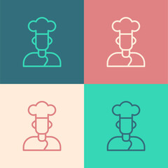 Pop art line Cook icon isolated on color background. Chef symbol. Vector.