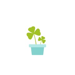 Green shamrock in blue pot illustration isolated on white. Clover leaf.