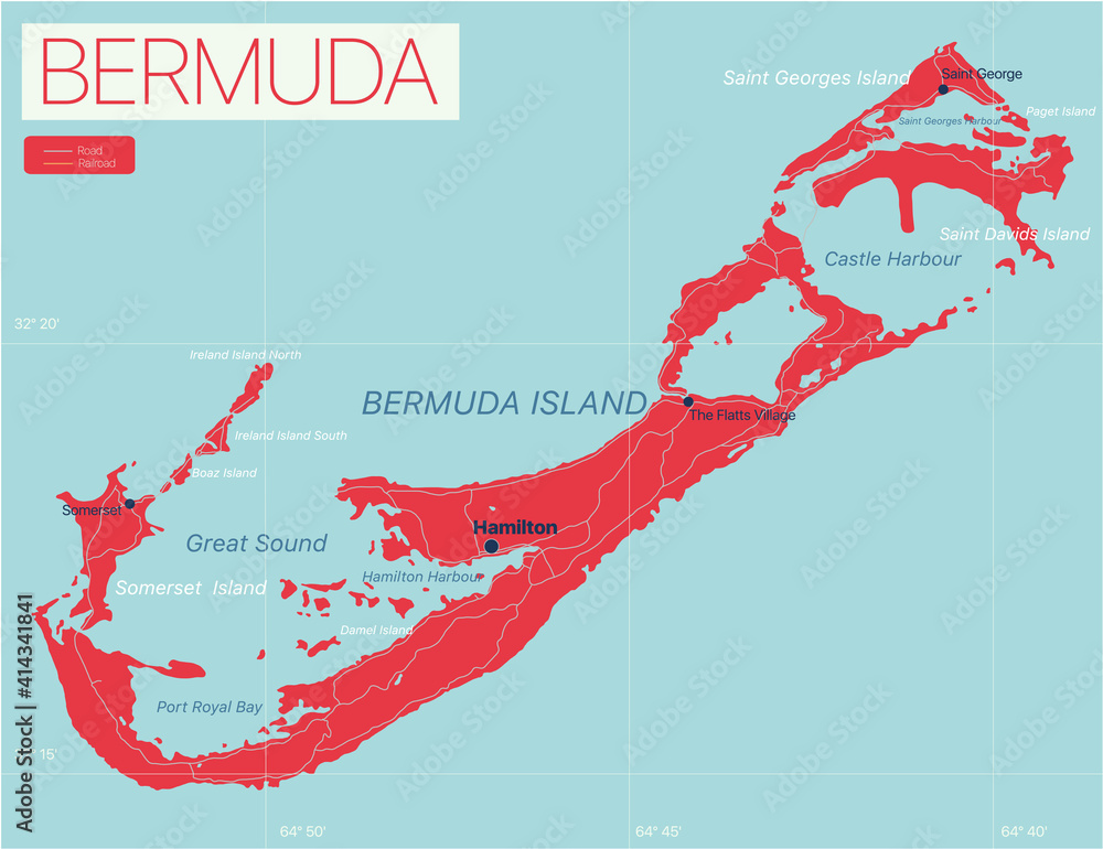 Poster Bermuda detailed editable map with regions cities and towns, roads and railways, geographic sites. Vector EPS-10 file