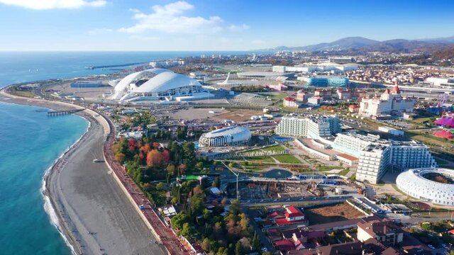 Adler city aerial. Aerial view of the coastline of the Black Sea near the city of Adler, Russia