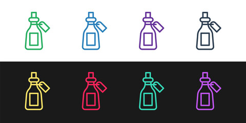 Set line Essential oil bottle icon isolated on black and white background. Organic aromatherapy essence. Skin care serum glass drop package. Vector.