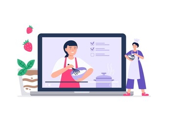 Online cooking learning concept. Course from professionals, bloggers, chefs. Online education, e-learning, studying at home. Vector flat illustration.