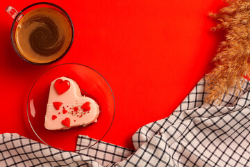 Breakfast in bed. Cup, coffee, red, velvet, cake 