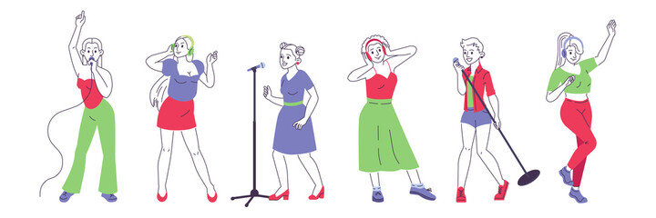 People listening music with headphones and dancing flat icons set, Colorful symbols pack contains - young women and girls singing karaoke music. vector illustration. Flat style design