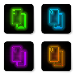 Glowing neon line Smartphone, mobile phone icon isolated on white background. Black square button. Vector.