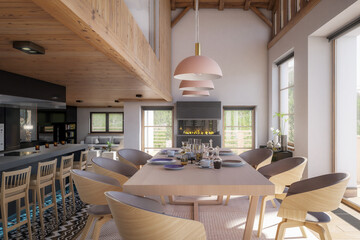 Modern Residential Loft Dining Room with Fireplace - 3d visualization