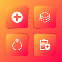 Set Medical cross in circle, Layers, Diamond engagement ring and Clipboard with medical insurance icon. Vector.