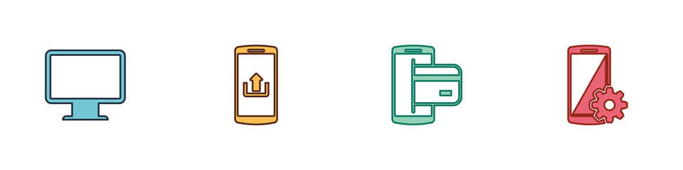 Set Computer monitor screen, Smartphone with upload, NFC Payment and Setting smartphone icon. Vector.