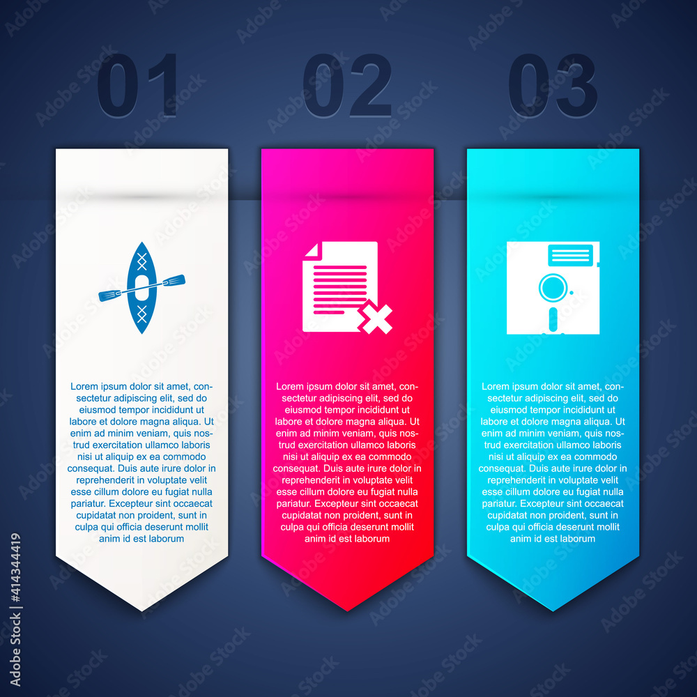 Poster set kayak and paddle, delete file document and floppy disk in the 5.25-inch. business infographic te