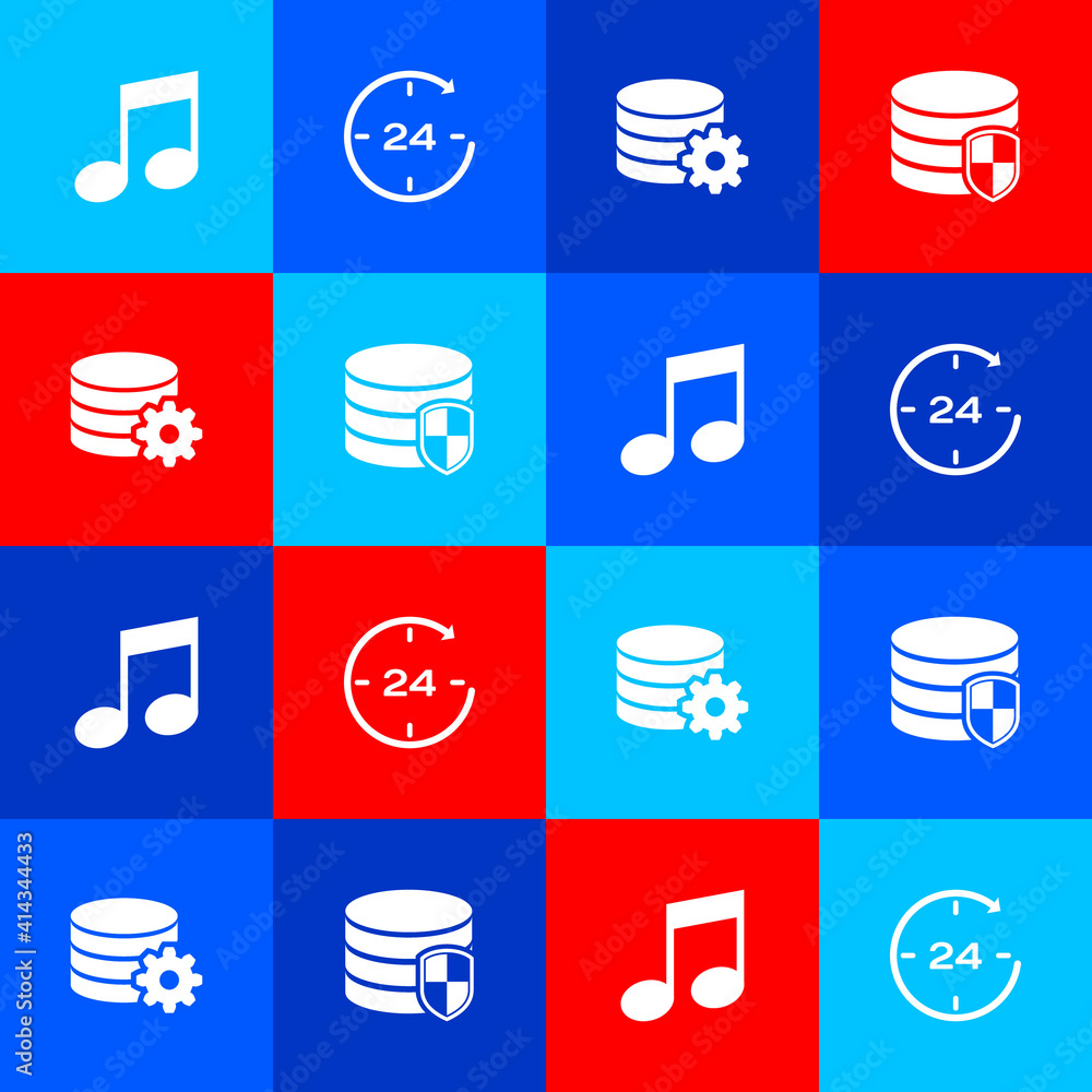 Aufkleber set music note, tone, clock 24 hours, setting database server and database protection icon. vector.