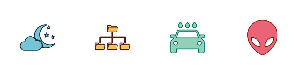 Set Cloud with moon and stars, Folder tree, Car wash and Alien icon. Vector.