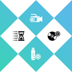 Set Old hourglass with sand, USB flash drive setting, Video camera and CD or DVD disk icon. Vector.